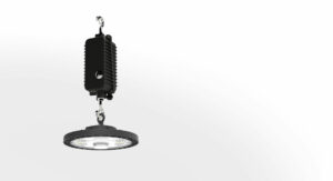 Smart adjustable LED high bay light with sensor has reserve emergency power interface and external dimming interface area