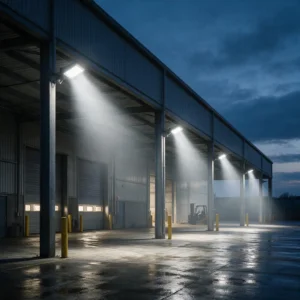 Industrial warehouse exterior at dusk, rows of LED flood lights mounted on steel columns casting bright white beams across loading bays, wet concrete reflecting light, forklift silhouette in distance,