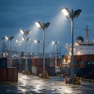 Wide shot of an industrial shipping port at dusk, rows of LED flood lights mounted on tall poles casting bright white light across stacked containers and a cargo ship, wet dock reflecting light, rugge